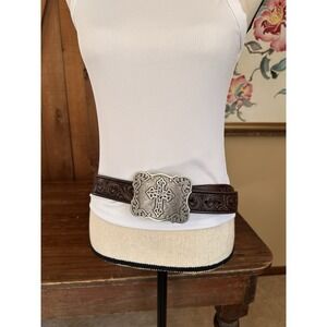 Nocona Western Leather Belt w / Silver Embossed Cross Buckle Men & Women Size L